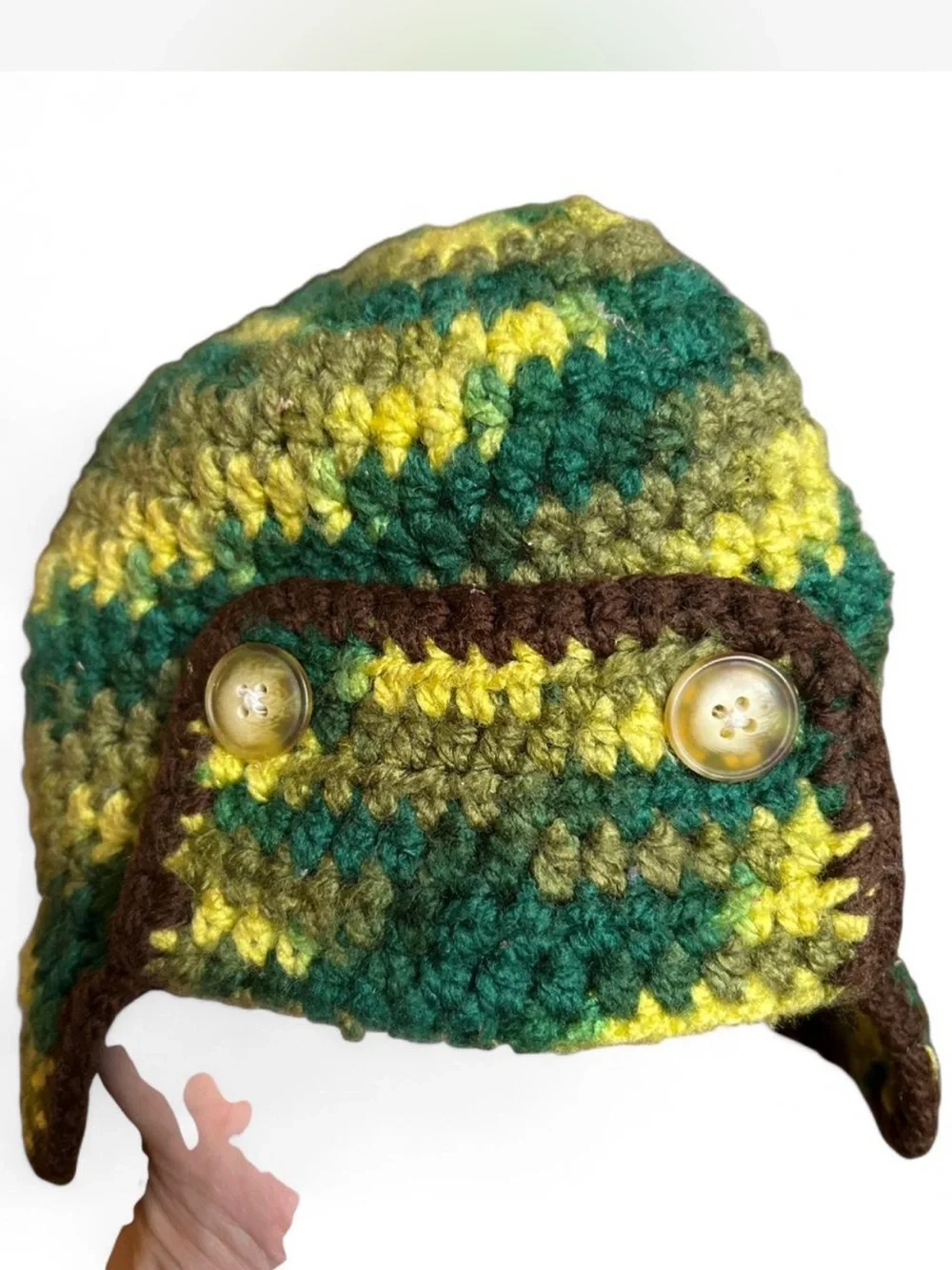 Handmade Crocheted Earflap Hat in Green & Yellow